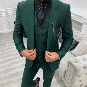 Abiti da uomo 2023 Risvolto con visiera verde Slim Fit Mens 3 pezzi Smoking Terno Masculino Sposo Matrimonio Prom Costume Homme Blazer