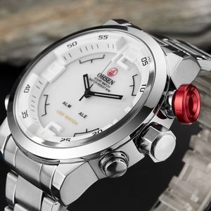 손목 시계 Ohsen 브랜드 디지털 쿼츠 남성 사업 흰색 풀 스틸 밴드 패션 LED 군용 드레스 캐주얼 시계 선물 선물 230410