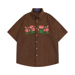 Men's Casual Shirts Dark Icon Floral Embroidery Corduroy Shirts Men Women Summer Casual Men's Shirt Male Top Brown Blue 230410