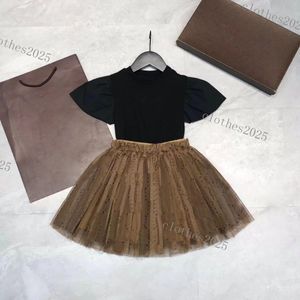 luxury designer New Clothing Sets Fashion girls cute gauze skirt cotton 2023 two piece suit cci brand logo children Puff Sleeve dress shirts tshirt suits Baby Clothes