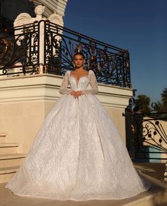 Ball Gown Wedding Dresses V Neck Long Sleeves Sequins Appliques Beaded Floor Length Ruffles 3D Lace Sparkly Zipper Formal Bridal Gowns Plus Size Vestido de novia
