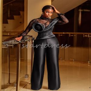 Afrikanisches Aso Ebi Schwarzes Abendkleid 2024 Glamouröses Langarm-Spitzen-Jumpsuit-Abschlussballkleid Hosen-Hose-Outfit Nigerianisches formelles Party-Geburtstagskleid Schwarze Mädchen-Robe de Soiree