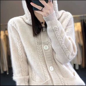 Women's Sweaters 100 Pure Wool Cardigan Women's Hooded Sweater Autumn and Winter Knitted Long Sleeve Cardigan Women's New 2023 Coat Sweater S-XXL zln231111