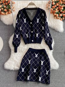 Two Piece Dress Small Fragrance Vintage Knit Set Women Sweater Cardigan Coat Crop Top Mini Skirts Sets Fashion Casual 2 Suits 230411