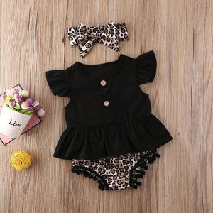 Completi di abbigliamento 3 pezzi Toddler Kids Leopard Clothes Outfits Summer Baby Girls Crop Tops Tassel Shorts Fascia per capelli Set 0-24M