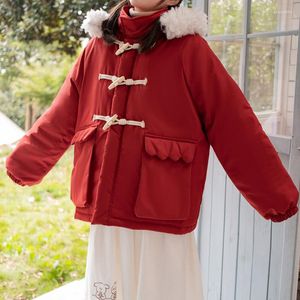 Kadın Trençkotları Öğrenci Kız Noel Tatili Kırmızı Kat Kış Moda Korsama Ceket Kalın Sıcak Pamuklu Ekmek Kawaii Kapüşonlu Parkas
