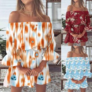 Casual Dresses Summer For Women Sexy Off Shoulder Loose Floral Print Boho Sundress Bell Sleeve Blue Mini med Mid Long