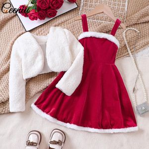 Kleidungssets Ceeniu Kinder Mädchen Weihnachtskleidung Warmer PlüschmantelÄrmelloses rotes Samtkleid Kinder Weihnachtsoutfit Mädchen Jahr Kostüm 231110