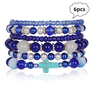 Strand Makersland 6pcs Natural Stone Bracelets For Women Blue Fashion Cross Charm Jewelry Luxury Trendy Bead Bracelet Men Wholesale