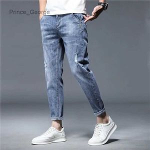 Erkekler Kot erkek denim pantolon ayak bileği uzunluk kot yüksek kaliteli yaz streç pamuk deliği ince sokak kıyafeti tasarımı Kore gündelik pantolonlf231111