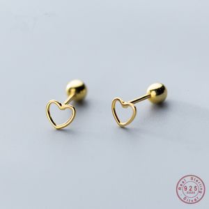 Stud WANTME Genuine 100% 925 Sterling Silver Jewelry Cute Small Simple Hollow Love Heart Stud Earrings Glossy Beads Earplugs Women 230410