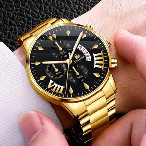 Armbandsur 2023 Luxury Mens Fashion Watches Gold Rostfritt Steel Quartz Wrist Watch Men Business Calendar Clock Relogio Masculino