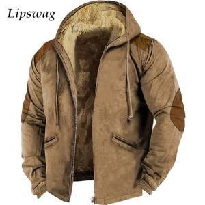 Men's Jackets Warm Wool Lining Jackets Men Winter Fashion Patchwork Long Sleeve Hooded Coats Autumn Mens Casual Loose Zip-up Fleece Outerwear 231110