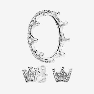 Sparkling designers Crown Ring and Earring sets box for 925 Silver Women Gift Summer jewelry Wedding Rings Stud Earrings