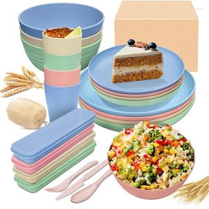 Plates 32PCS Wheat Straw Dinnerware Sets Unbreakable Dinner Bowls Cultery Dishwasher Microwave Safe Healthy For Kids