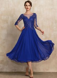 2024 Elegant Royal Blue Tea-Length Chiffon Lace Mother of the Bride Dress paljetter A-Line Bridal Guest Party klänning Anpassad mantel de Soiree