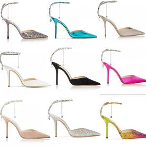 Luxury designer J- Women dress shoes brand sandal high heels Saeda 100mm/85mm heeled wedding party pumps strass strap suede pointy toe 35-42 with box
