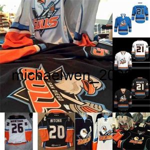 Weng Diego Gulls Jersey 21 Wagner 4 Thompson 20 Ritchie 5 Pettersson 15 Sorensen 19 Hults Abbott Ahl Hockey Jerseys Orange Black White