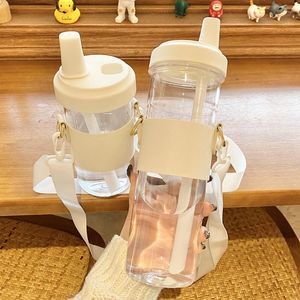 Wasserflaschen Kawaii Boba Glasflasche mit Strohhalm PU-Hülle Große Kapazität Kaffee Milch Bubble Tea Saftbecher Trinken BPA-frei