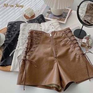 Shorts Fashion Girl PU Leather Lace Up Toddler Teen Child High Waist Wide Leg Short Pant Baby Clothes 2 16Y 230411