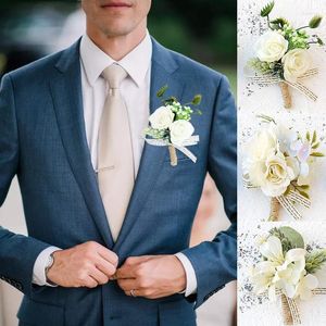 Flores decorativas 1pc Flower Men Corsage e Boutonnieres Bounnieres Rose Branca Silk Broche Party Bridal Prom Decoration Acessórios