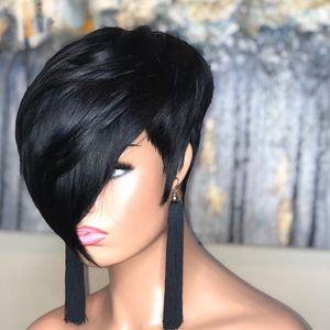 Kısa pixie Kesim İnsan Saçlı Peruk Kadınlar Perulu Bakire İnsan Saç Doğal Siyah Bob Peruk Bangs ile Siyah Kadınlar için Glueless Toptan Satış