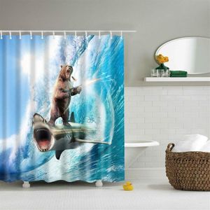 Dafield Animal Funny Brave Bear på en Shark Shower Curtain temakonst för tvättbart tyg badrumsdekor duschgardin björn y200108228c