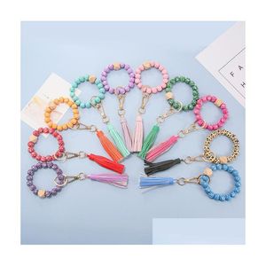 Fashion Flower Pattern Wood Beads Bracelets Keychains Leather Wrap Tassels Bracelet Keychain Round Bangle Keyring Drop Delivery Dh2Pz