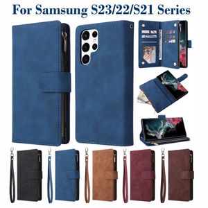 Custodia per telefono in pelle retrò con vibrazione per Samsung Galaxy S23 Ultra S22 Plus S21 FE S20 FE S10 S9 S8 Note 20 Ultra 10 Lite 9 porta carte con cerniera custodia a portafoglio con cinturino da polso