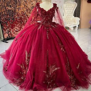 Блестящее красное мяч платье Quinceanera платья из бисера, блестящие цветы аппликации с блестками кристалл с накидкой Sweet 15 16 Press Prom Parm