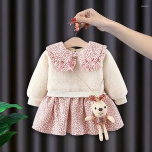 Girl Dresses Winter Girl's Baby Clothes Dress For Born 1st Birthday Lamb Wool Velvet Thick Warm Floral Girls' Clothing