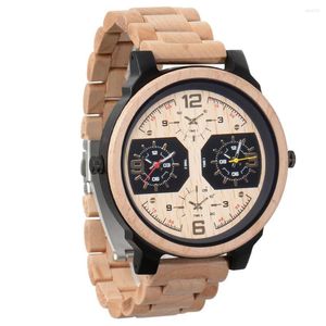 Orologi da polso Quadrante grande Doppio fuso orario Orologio in legno Militare Uomo Quarzo luminoso Moda Orologio in legno pieno Reloj De Madera