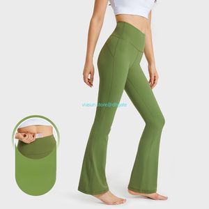 Hizala LU-08 Kadın Yoga Pantolonu Düz Renk Çıplak Spor Şekillendirme Bel Sıkı Flared Fitness Loose Jogging Sportswear Bayan Dokuz Nokta Flared Pant lu Yüksek Kalite