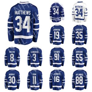 Neu eingetroffene Hockey-Trikots für Erwachsene #34 AUSTON MATTHEWS #16MITCHELL MARNER #91 JOHN TAVARES #88 WILLIAM NYLANDER #11 MAX DOMI Heim-Auswärtsspieler-Trikot weiß schwarz BLAU