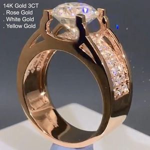 Cluster Rings 14k Rose Gold 3 Moissanite Diamond Ring Men Luxury Round Trendy Wedding Party Engagement Anniversary CT D Color