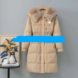 Women's Down Jacket and Parka Winter New Designer Women's Long Over Knee Coat Hooded Thick Warm Large Fur Collar Cotton Fashion Brand Badge