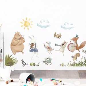 Wall Decor Nordic Watercolor Animal Band Music Player Stickers for Kids Room Baby Nursery ation Decals Home PVC 230411