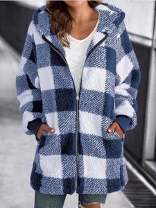 Women's Fur Autumn Winter Plaid Faux Coat Women Teddy Hooded Jackets Female Furry Bear Plush Jacket