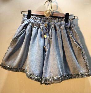 Jeans femininos Trendy 2023 Primavera Summer Mulheres largas Ponta de perna larga Ponta de água Blingbling Drill Elastic High Waist Casual Denim Shorts