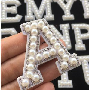 Collectable 1Pcs 3D White Bottom Pearl Letter Patches English Alphabet Rhinestone Applique for Clothes Iron on Stripe Badge DIY Name