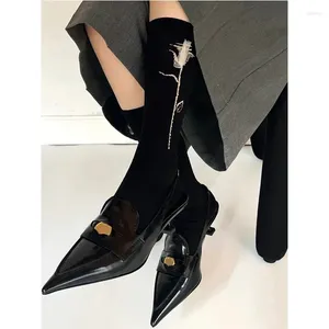 Dress Shoes Gold Coin Pointed Toe Kitten Heel Sandals Women's 2023 Closed Low-Cut High Heels French Retro