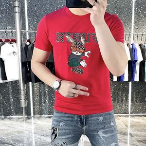 Men's T-Shirts Summer Man Tops Cartoon Handsome Rabbit Print Hot Diamond Trend Male Tees Mercerized Cotton High-quality Clothing M-7XL