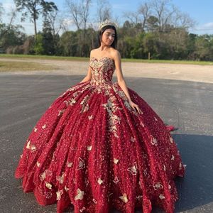 Красное бальное платье в форме сердца, платья Quinceanera, золотая аппликация, бант, кристалл и бисер, с открытыми плечами, ленты, корсет Vestido De 15 Anos