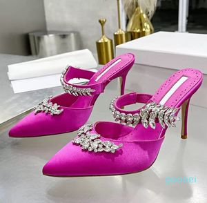 Moda stiletto topuk bayan sandalet kristal buğday süslemeli ipek terlik topuklu ayakkabılar büyük boy topuklular terlik bize 4-11 kadın sandalet