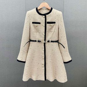 Casual Dress Autumn and Winter New Elegant and Elegant Style Thick Tweed Round Neck Single breasted Waist Shrinking Dress