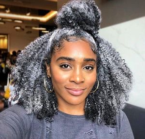 Silberne Locken, silbergrau, menschliches Haar, Pferdeschwanz, Puffbrötchen, afrikanische Frauen, Haarverlängerung, Kordelzug, Clip in Afro, verworrenes, lockiges, graues Haarteil, Salz- und Pfefferfarbe, 120 g, 140 g