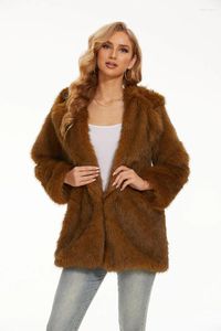 Women's Fur Women Faux Coat Full Sleeve Hooded Turn Down Collar Thick Warm Solid Casual Ladies Mid Length Coats Splice Autumn Winter