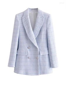 Ternos femininos moda feminina duplo breasted tweed check blazer casaco vintage manga longa bolsos feminino outerwear chique veste jaqueta 2023