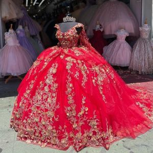 Mexico Red Off The Shoulder Ball Gown Quinceanera Dress For Girl Beaded 3D Flowers Birthday Party Gowns Prom Dresses Sweet 16