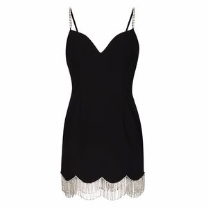 여성 파티 드레스 고급 디자인 다이아몬드 라인 스톤 스파게티 스트랩 검은 색 술통 프린지 바닥 짧은 흔적 smlxl
